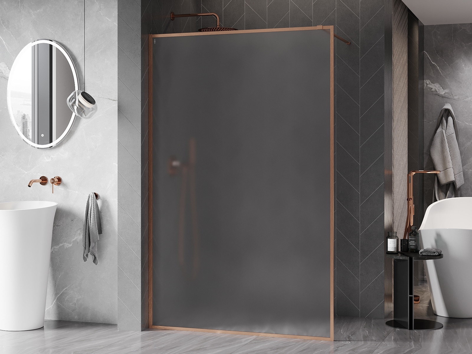 Mexen Kioto-F ścianka prysznicowa Walk-in z ramką 120 x 202 cm, szron 8 mm, miedź szczotkowana - 800-120-104-65-30